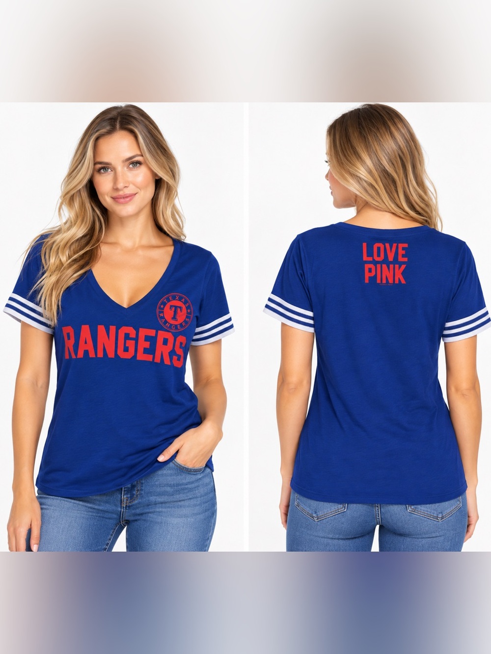 PINK Victoria's Secret Blue Texas Rangers V-Neck Tee with Red Graphics